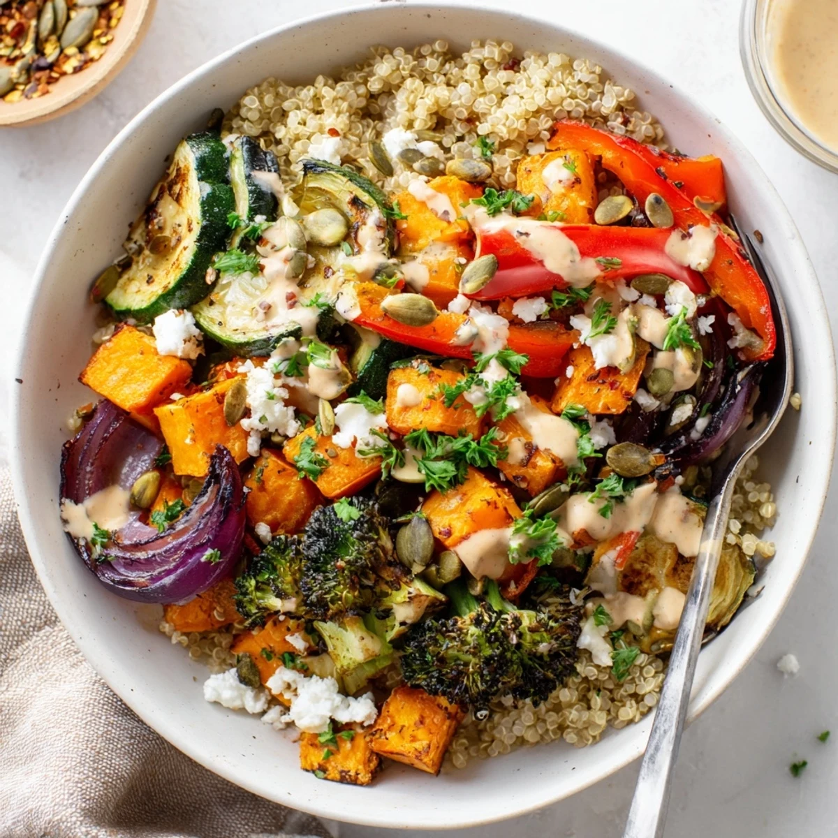 Colorful grain bowl with roasted vegetables topped with pumpkin seeds and fresh herbs
