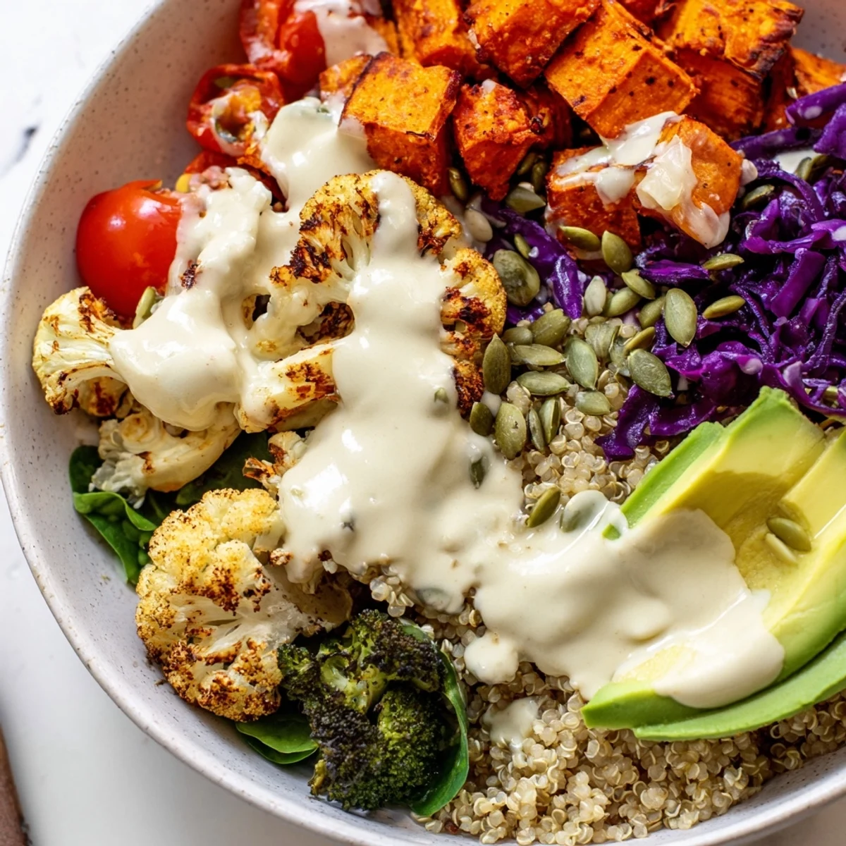 Vegan Buddha Bowl with roasted sweet potato, avocado, and creamy tahini drizzle