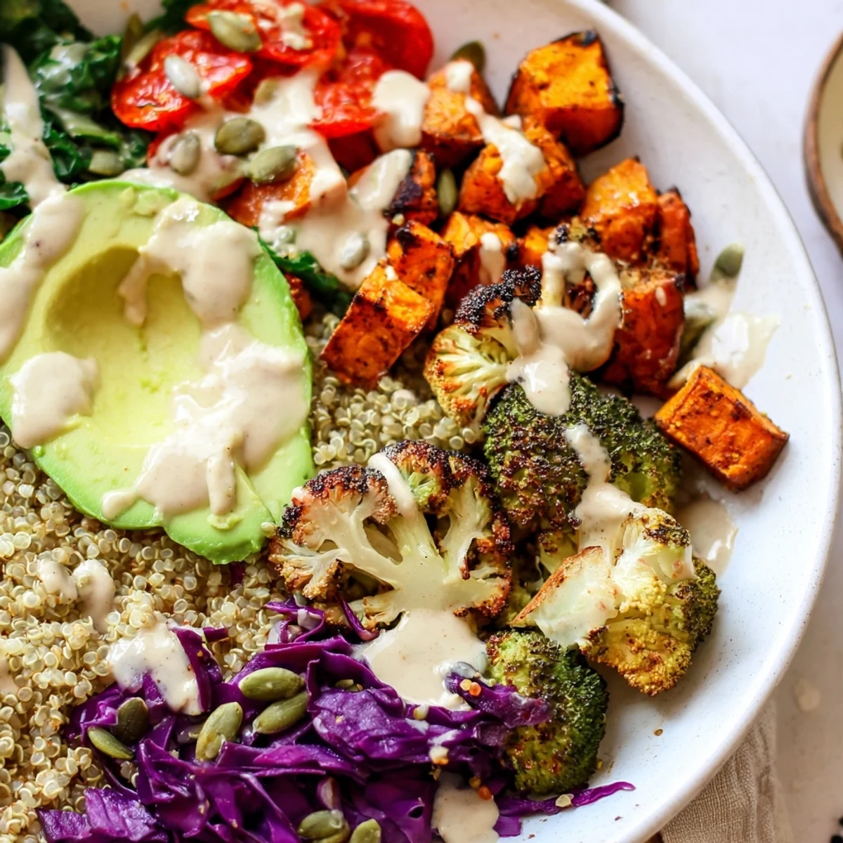 Colorful Vegan Buddha Bowl featuring fluffy quinoa, crisp veggies, and golden pumpkin seeds