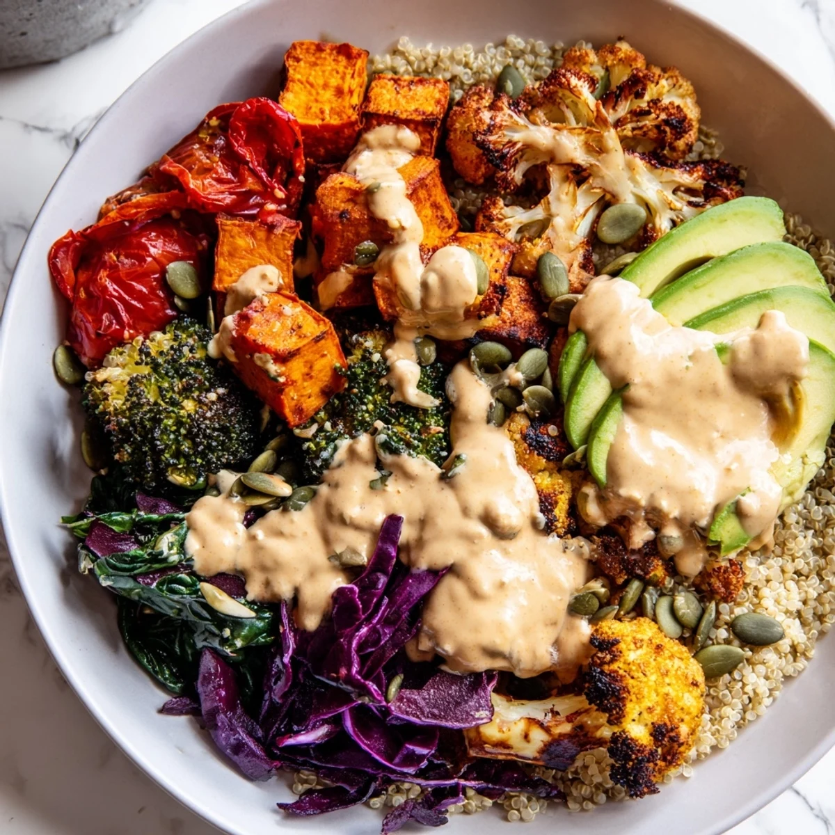 Warm roasted vegetables crown this fresh Vegan Buddha Bowl with lemon tahini dressing