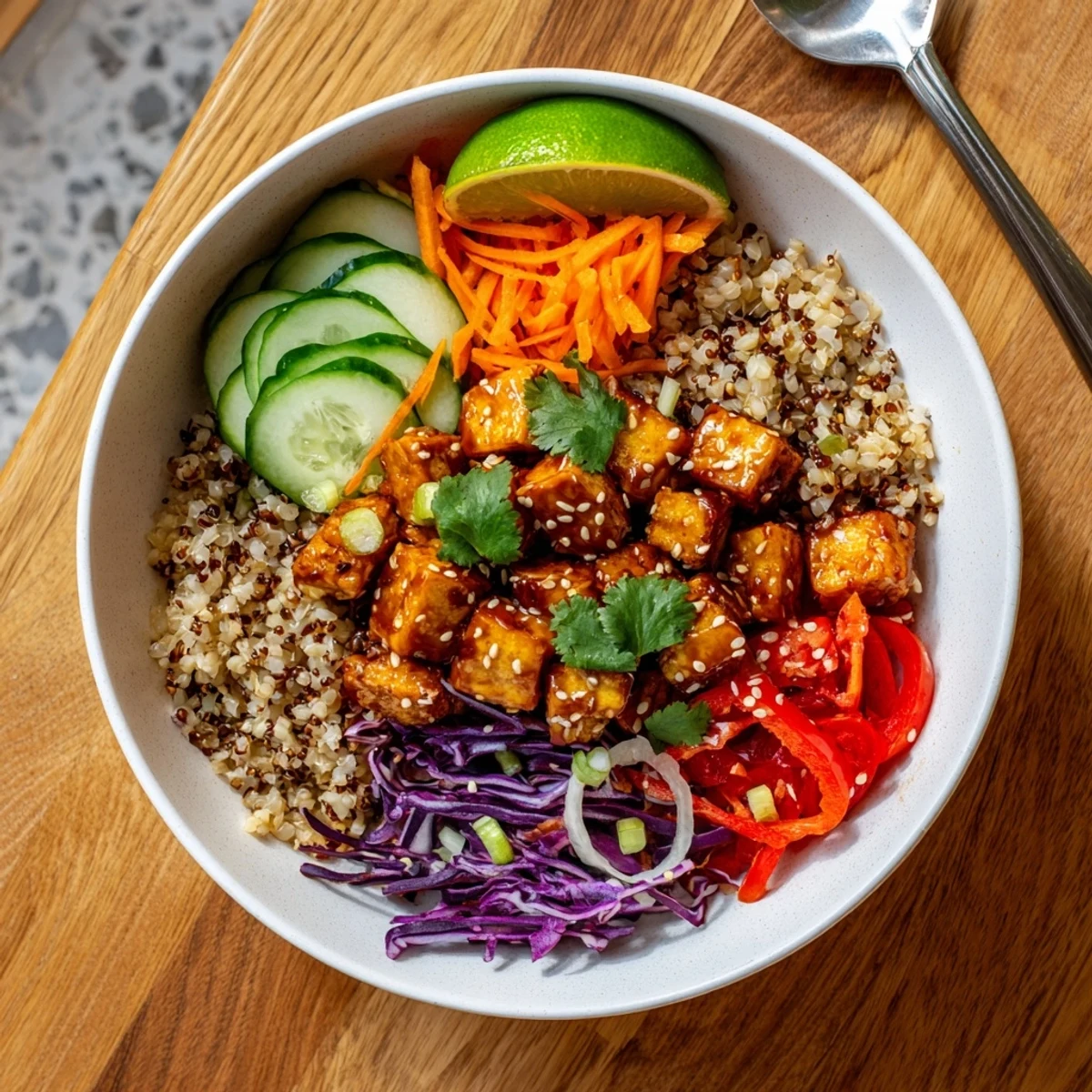 Golden crispy spicy tofu grain bowl topped with colorful vegetables and sesame seeds