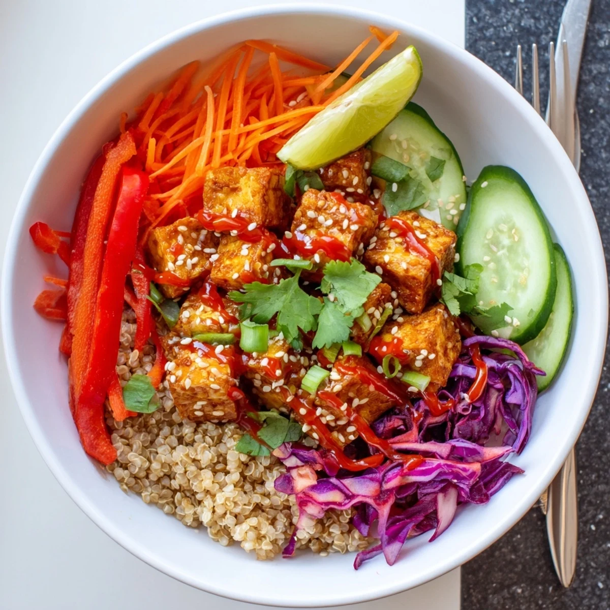 Spicy tofu grain bowl drizzled with zesty sauce over fresh crunchy vegetables