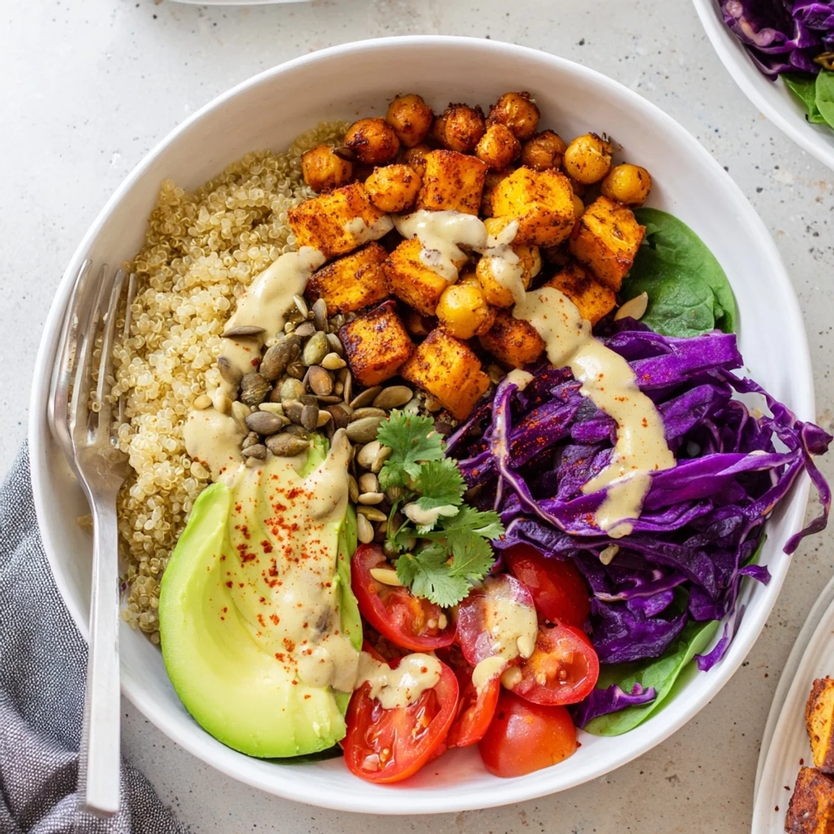 Colorful Buddha Bowl with roasted sweet potatoes, chickpeas, and creamy tahini dressing