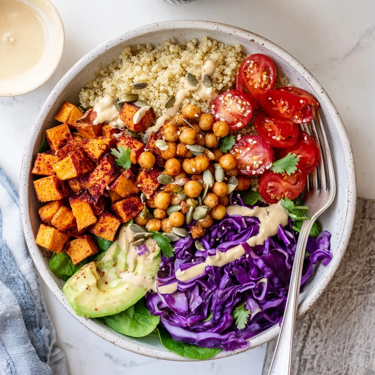 Vibrant Buddha Bowl featuring crispy chickpeas, fresh avocado, and drizzled tahini sauce