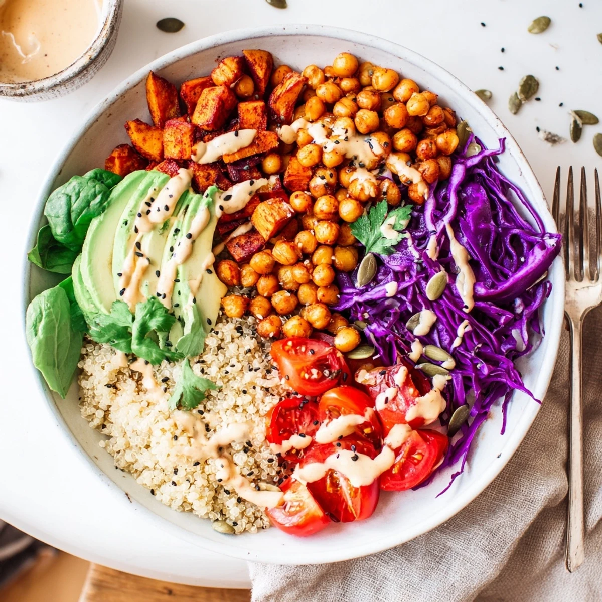 Nourishing Buddha Bowl topped with roasted vegetables, quinoa, and sprinkled sesame seeds
