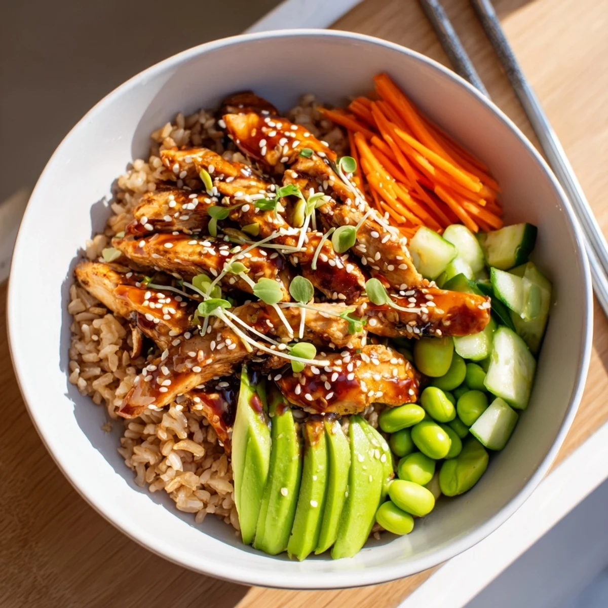 Juicy teriyaki chicken grain bowl served over brown rice and crisp vegetables