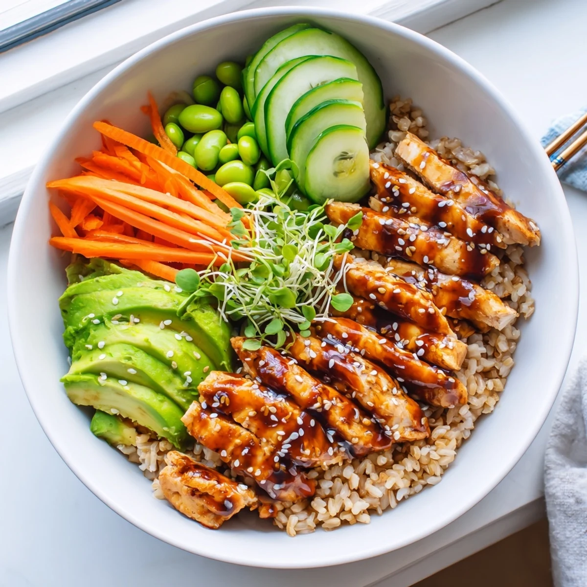 Glossy teriyaki chicken grain bowl topped with fresh avocado and sesame seeds