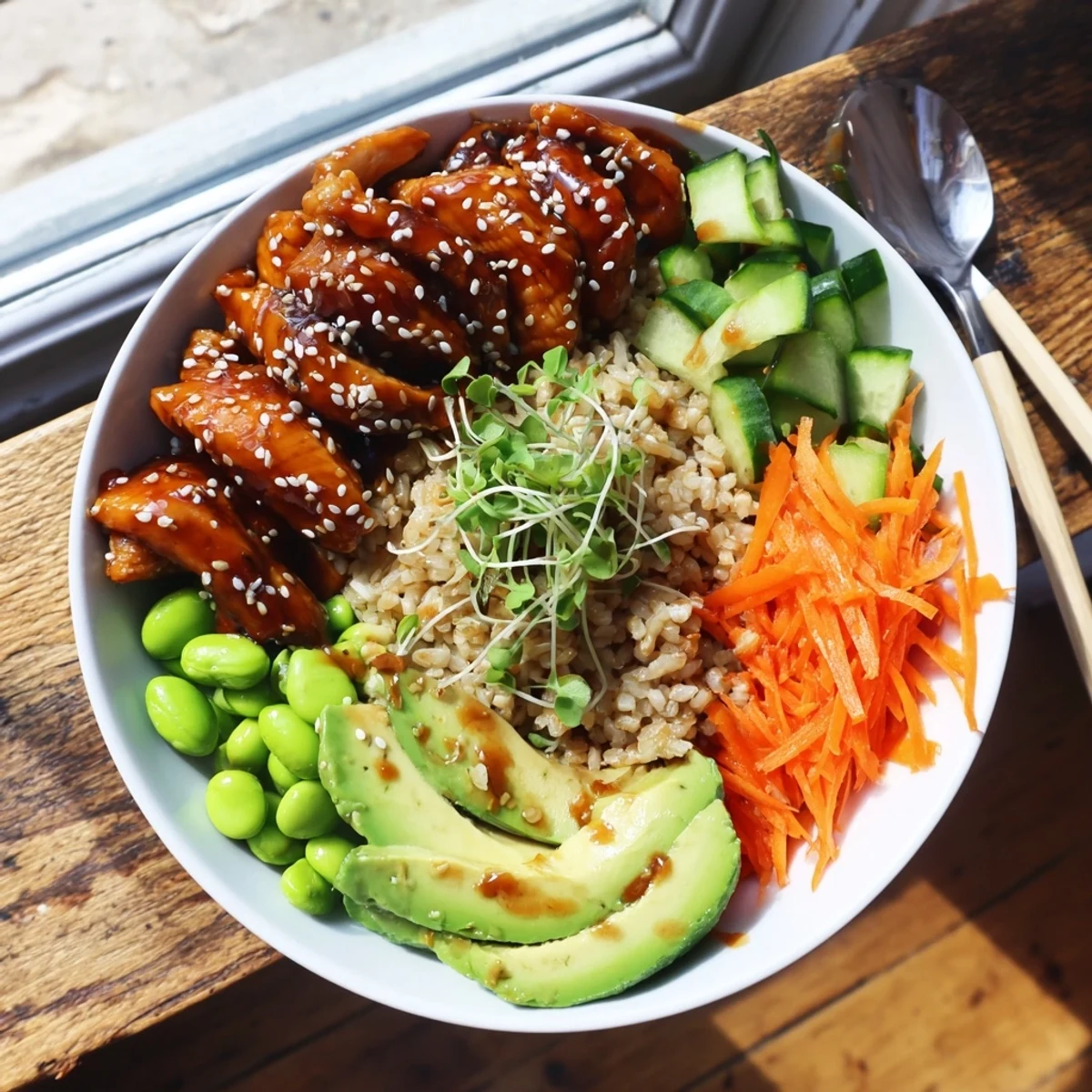 Colorful teriyaki chicken grain bowl garnished with microgreens edamame and julienned carrots