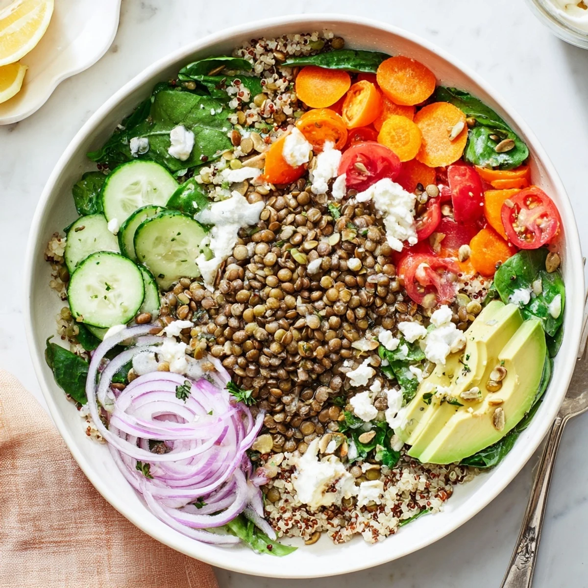 Colorful lentil grain bowl topped with fresh cherry tomatoes, avocado, and herbed lemon dressing
