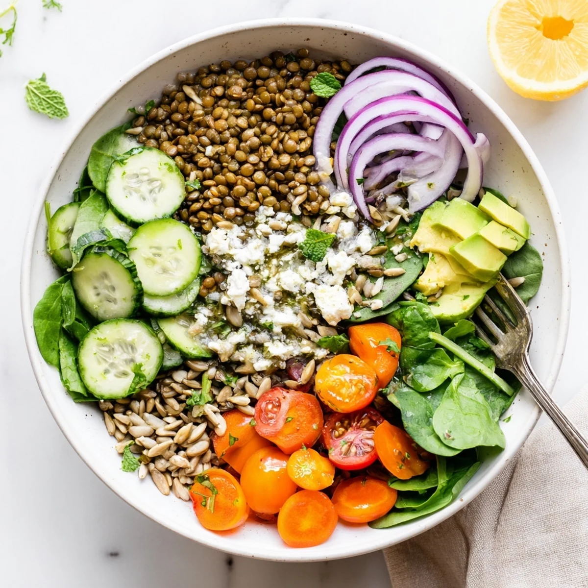 Hearty lentil grain bowl with shredded carrots, toasted pumpkin seeds, and leafy greens