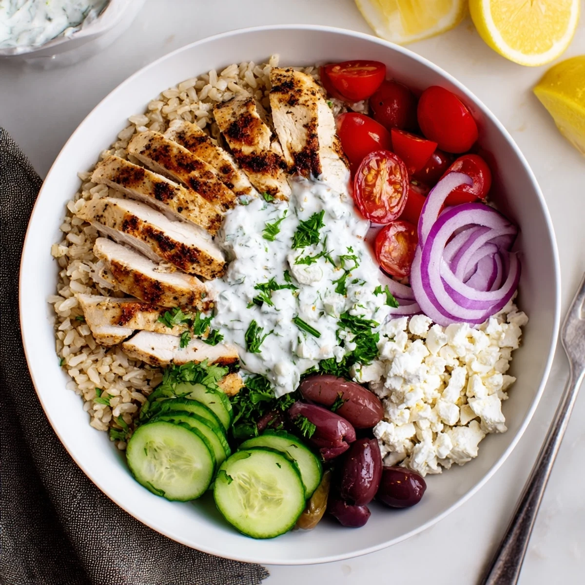 Colorful Greek Chicken Grain Bowl with juicy sliced chicken, fresh veggies, and creamy tzatziki