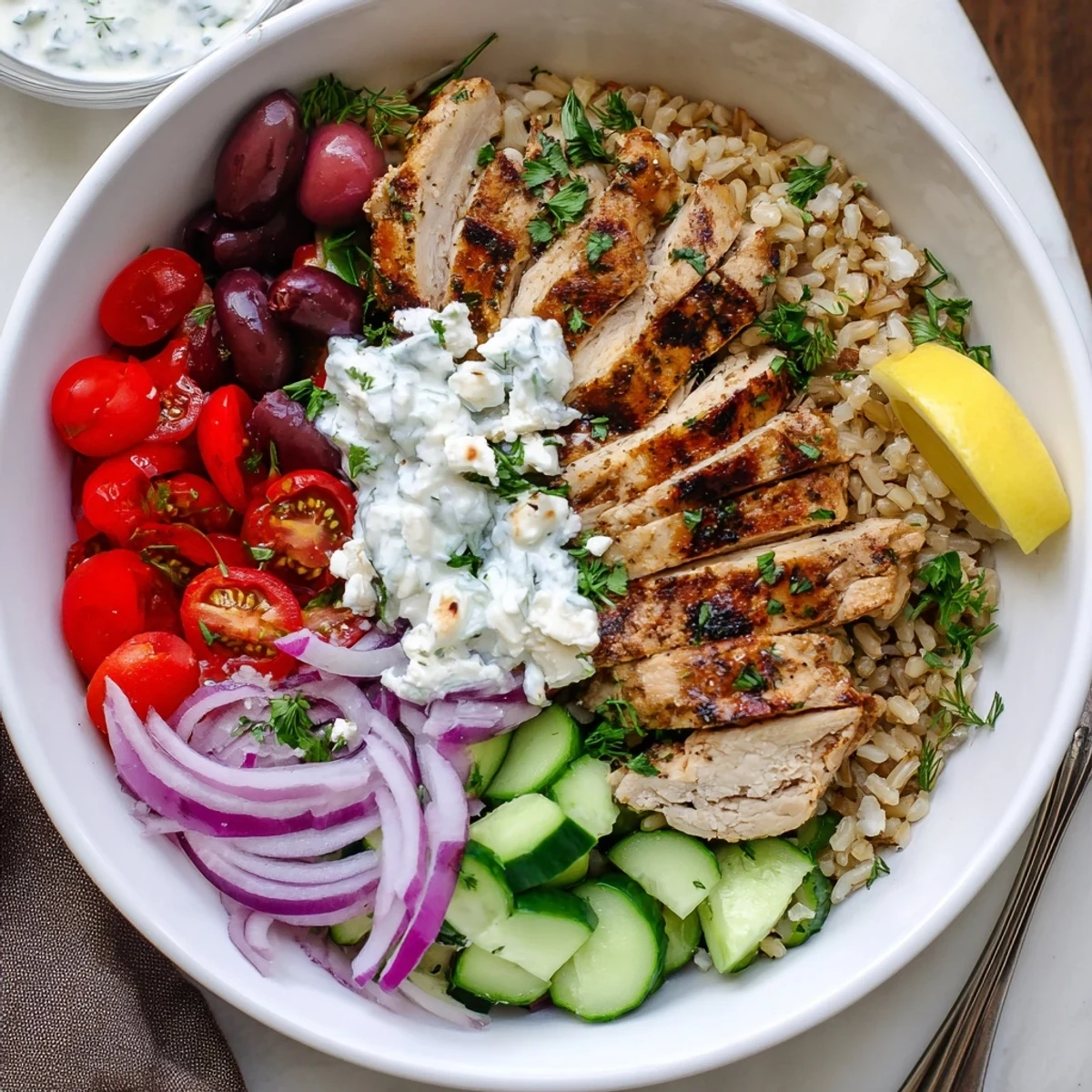 Greek Chicken Grain Bowl topped with feta cheese, olives, and a bright lemon wedge