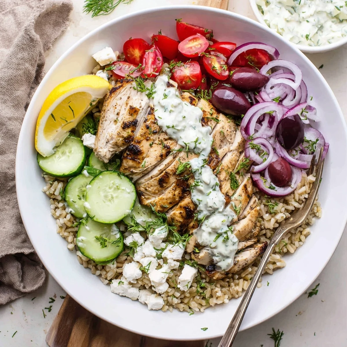 Warm Greek Chicken Grain Bowl layered over fluffy quinoa with roasted red pepper and herbs