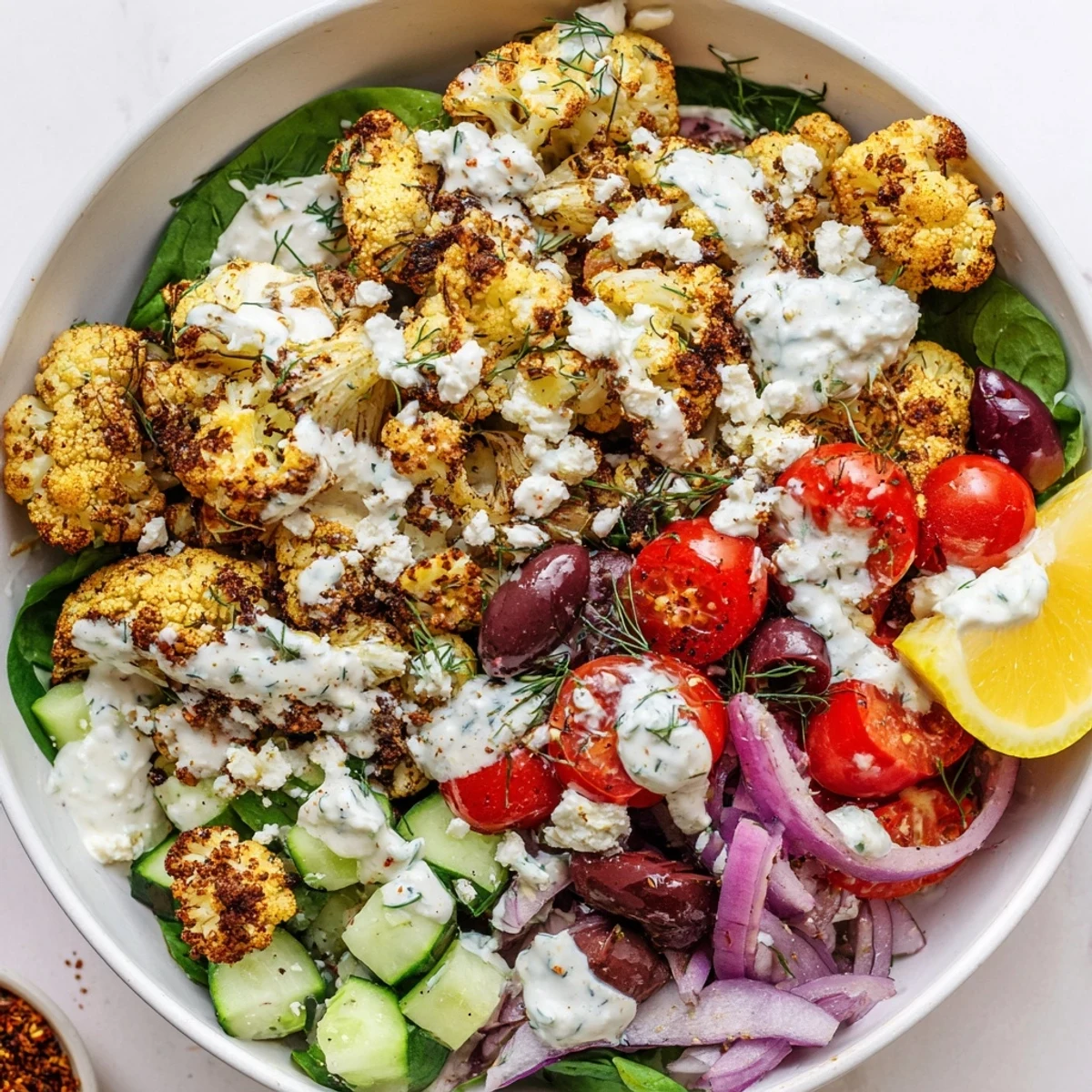 Golden roasted Greek Cauliflower Bowl topped with crumbled feta and fresh dill