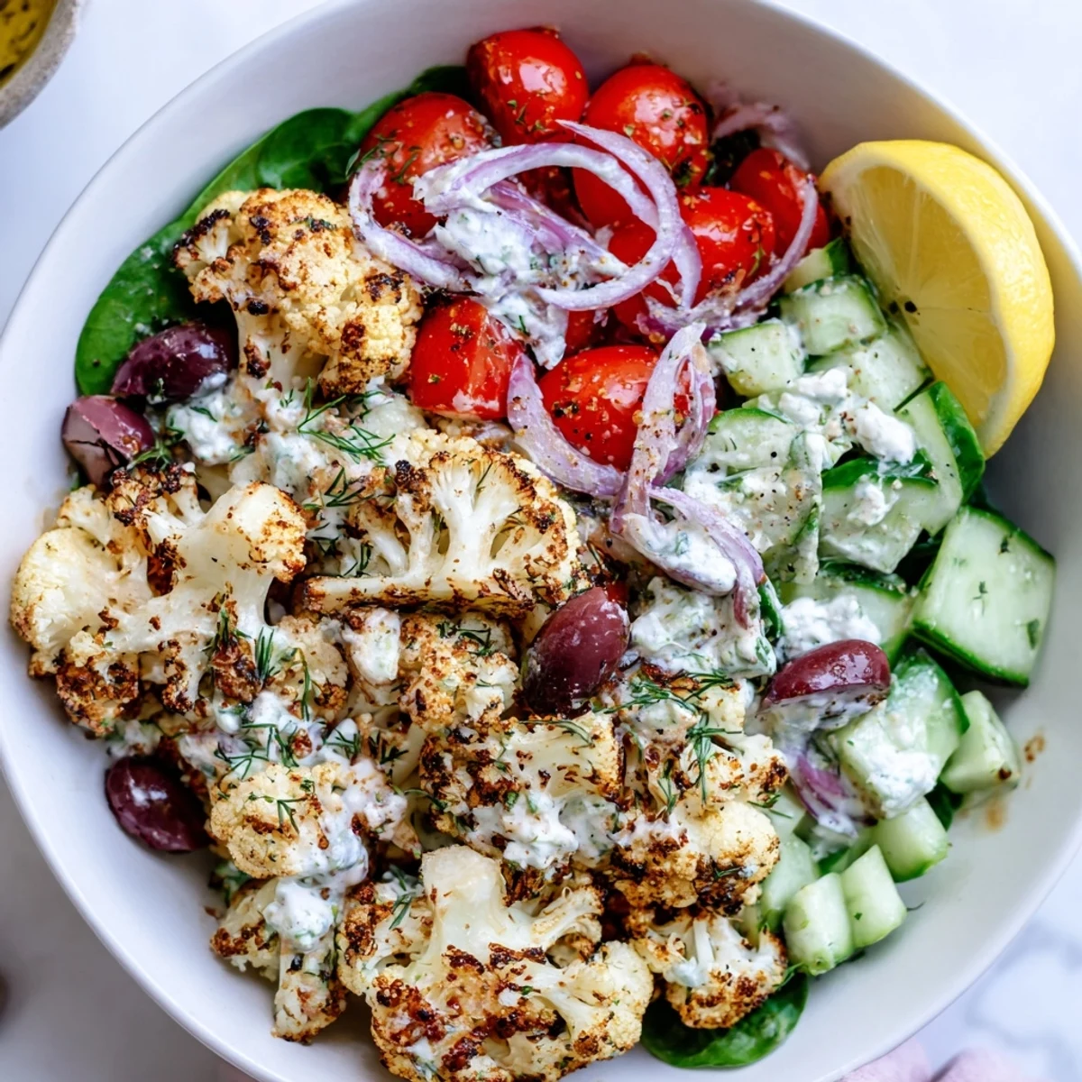 Greek Cauliflower Bowl with vibrant vegetables creamy tzatziki and tangy feta