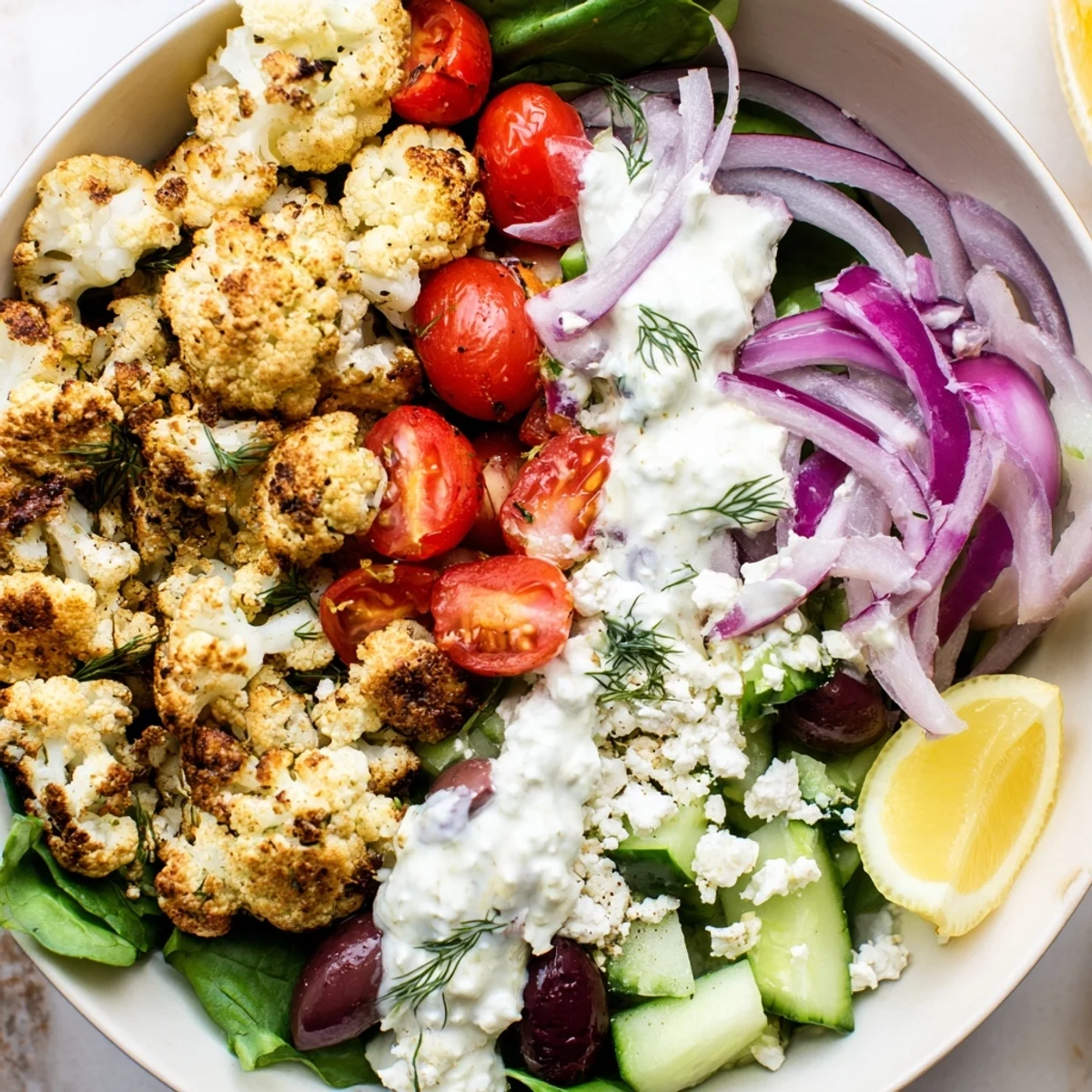 Steaming Greek Cauliflower Bowl nestled over spinach with a lemon wedge