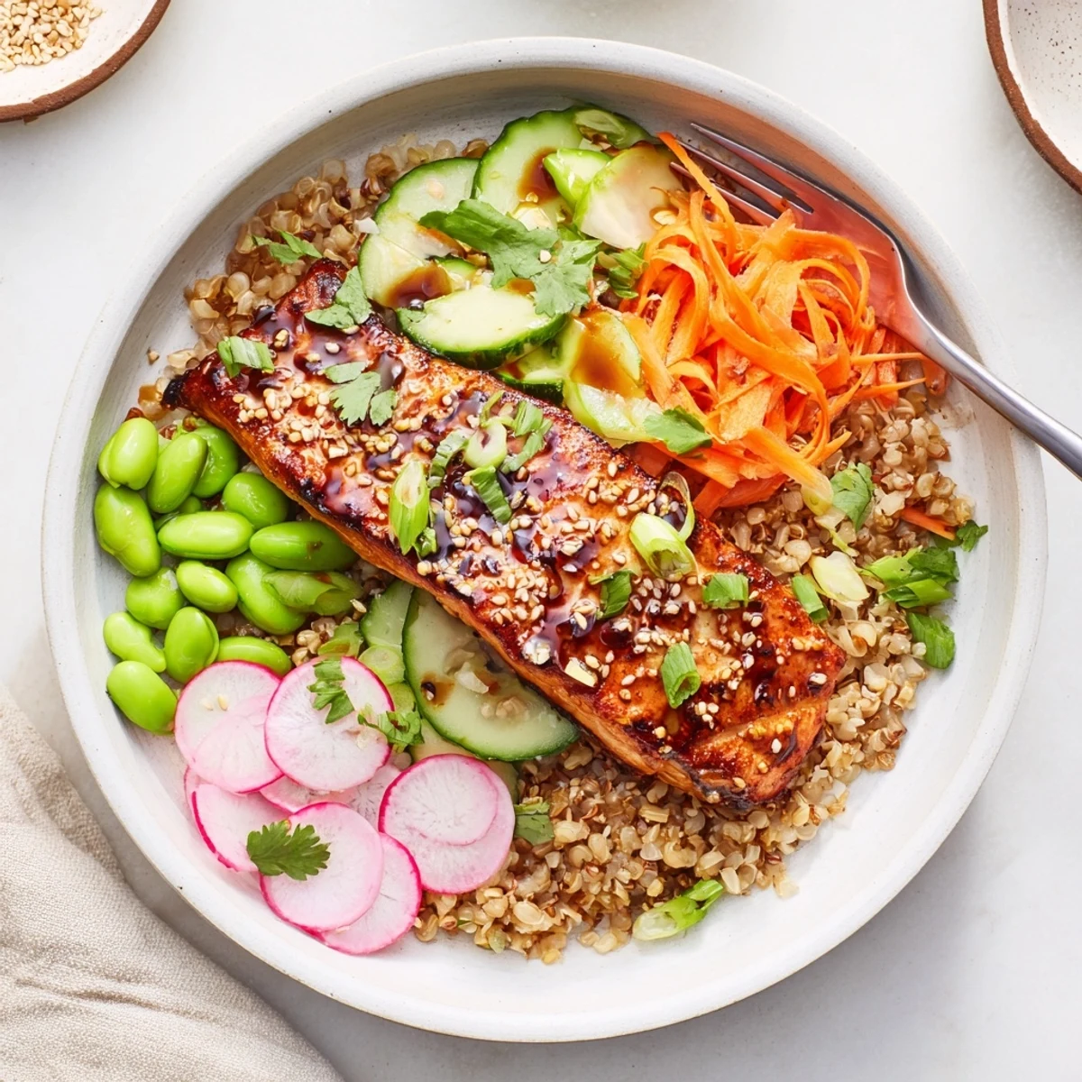 Asian salmon grain bowl topped with glossy caramelized fish and colorful crisp vegetables