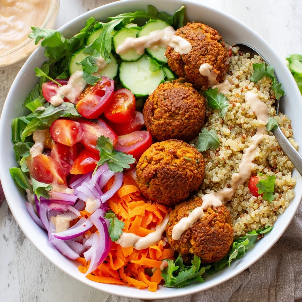 Crispy golden falafel grain bowl topped with fresh greens and creamy tahini dressing