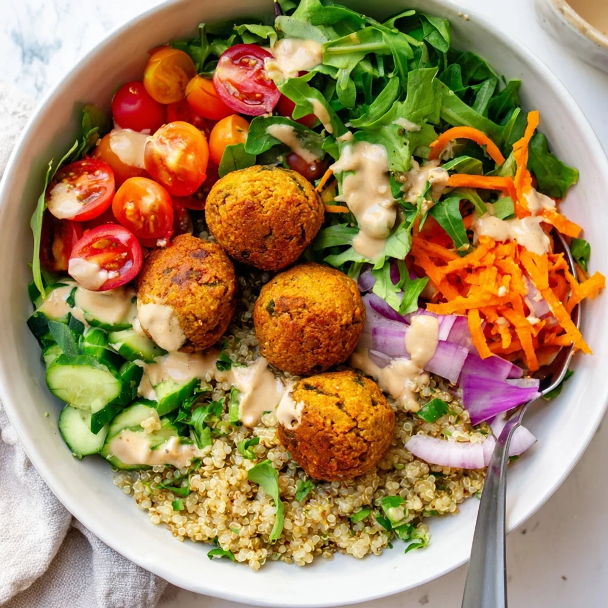 Colorful falafel grain bowl arranged with vibrant vegetables pickled turnips and herbs