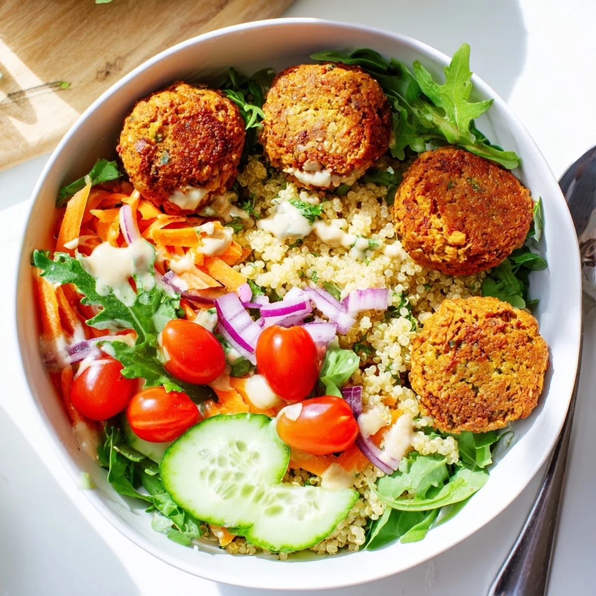 Warm falafel grain bowl served over fluffy quinoa with diced cucumber and tomatoes