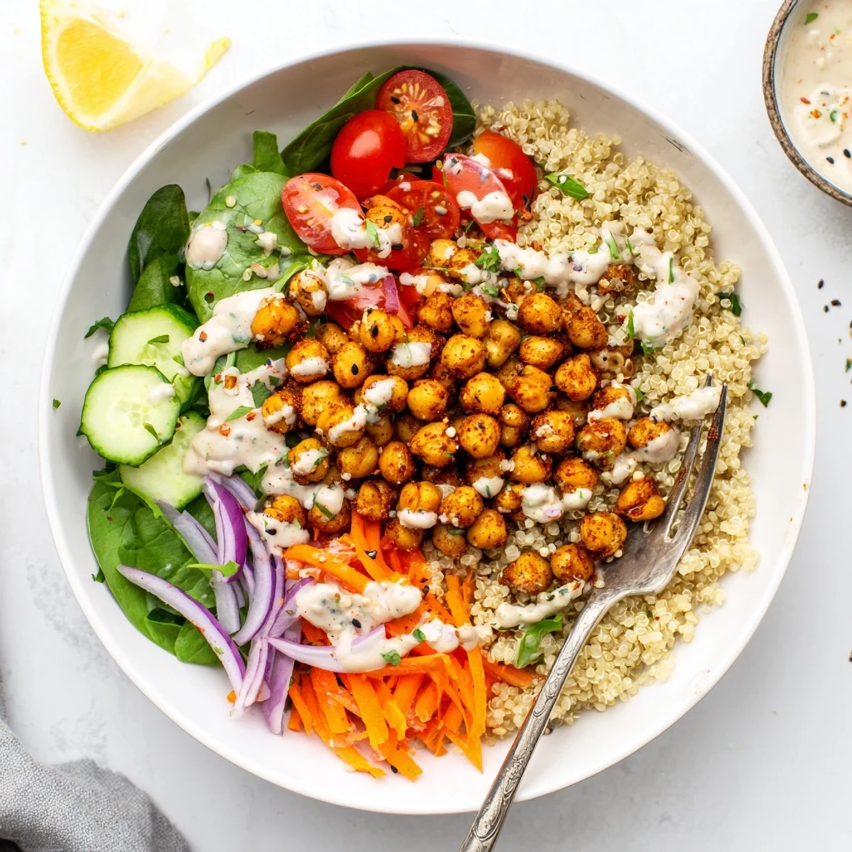 Colorful quinoa chickpea bowl topped with roasted chickpeas and fresh vegetables on a rustic wooden table