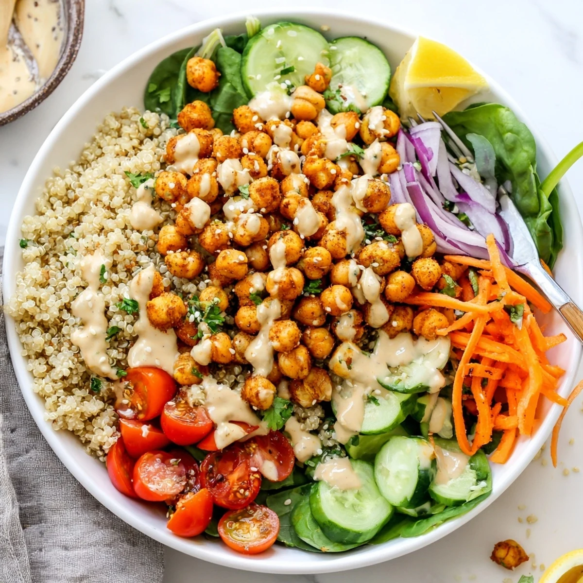Fluffy quinoa chickpea bowl drizzled with creamy lemon tahini dressing in a white ceramic dish