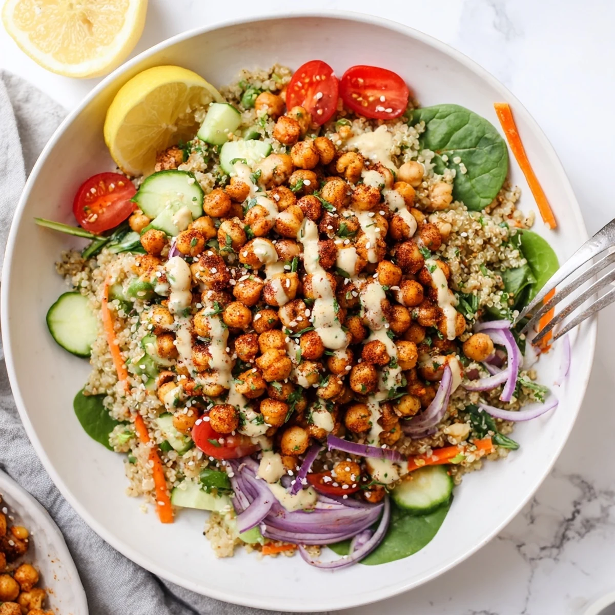 Crispy spiced chickpeas crowning a vibrant quinoa chickpea bowl beside bright shredded carrots and spinach