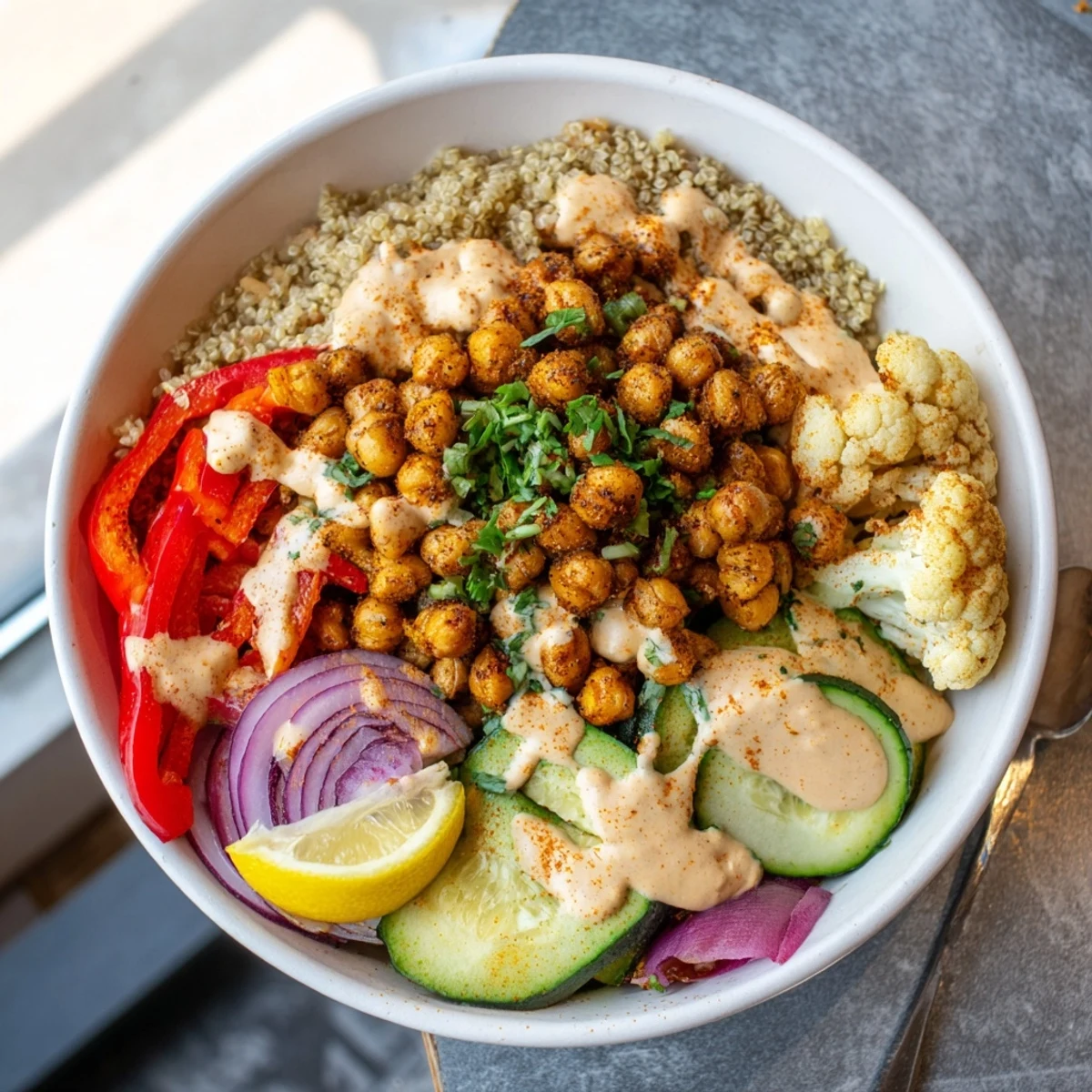Moroccan chickpea bowl topped with golden roasted vegetables and creamy tahini drizzle