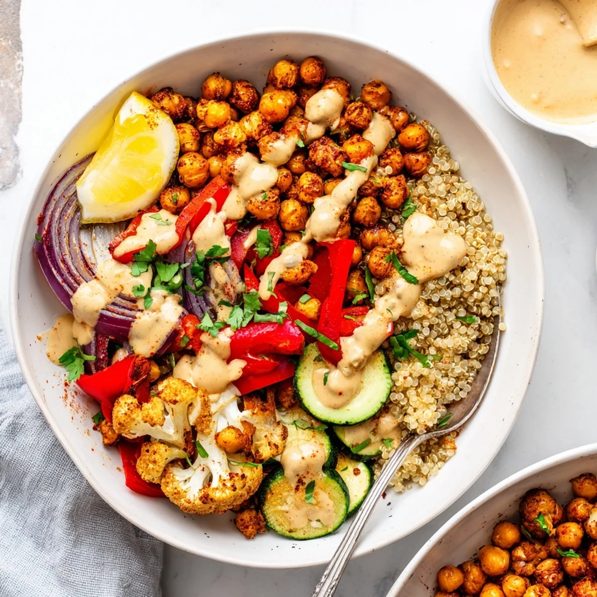 Spiced Moroccan chickpea bowl served over fluffy quinoa with fresh herb garnish