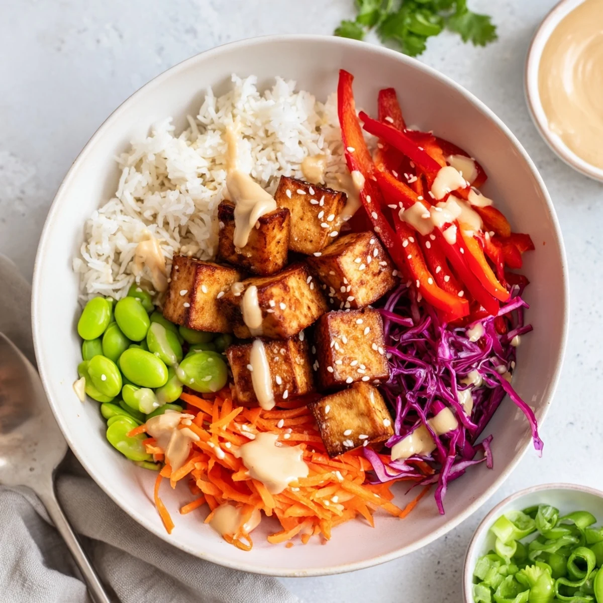 Tofu rice bowl with peanut sauce topped with julienned carrots and sesame seeds
