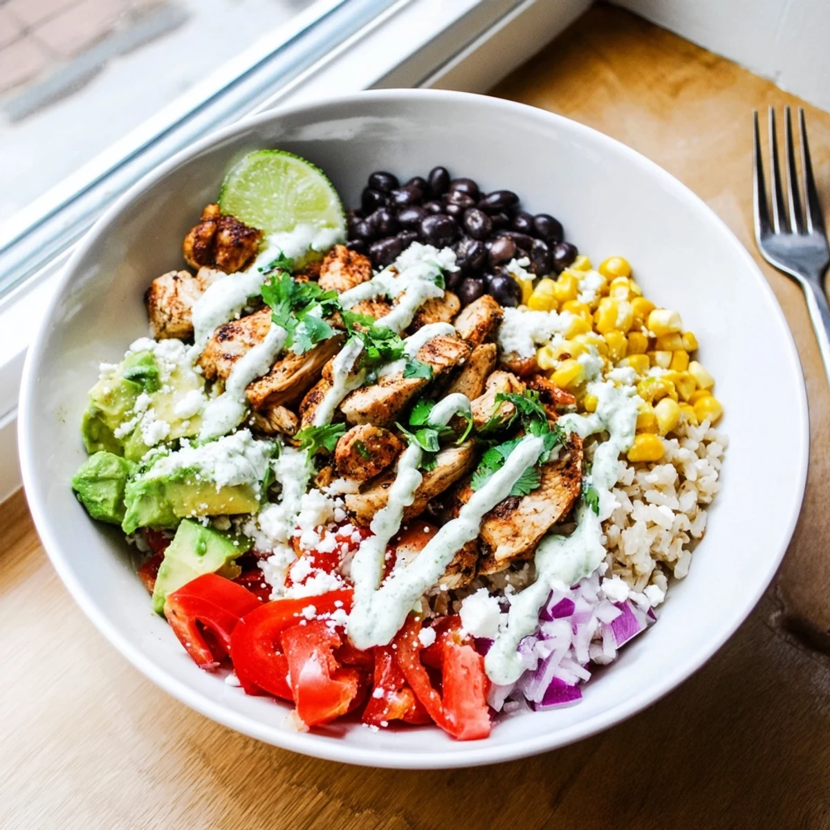 A Mexican chicken grain bowl topped with sliced avocado, cotija cheese, and zesty lime crema