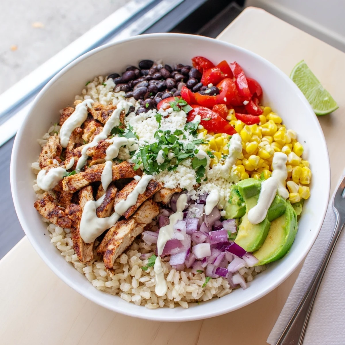 Colorful Mexican chicken grain bowl served in a rustic dish with spiced chicken and fresh vegetables