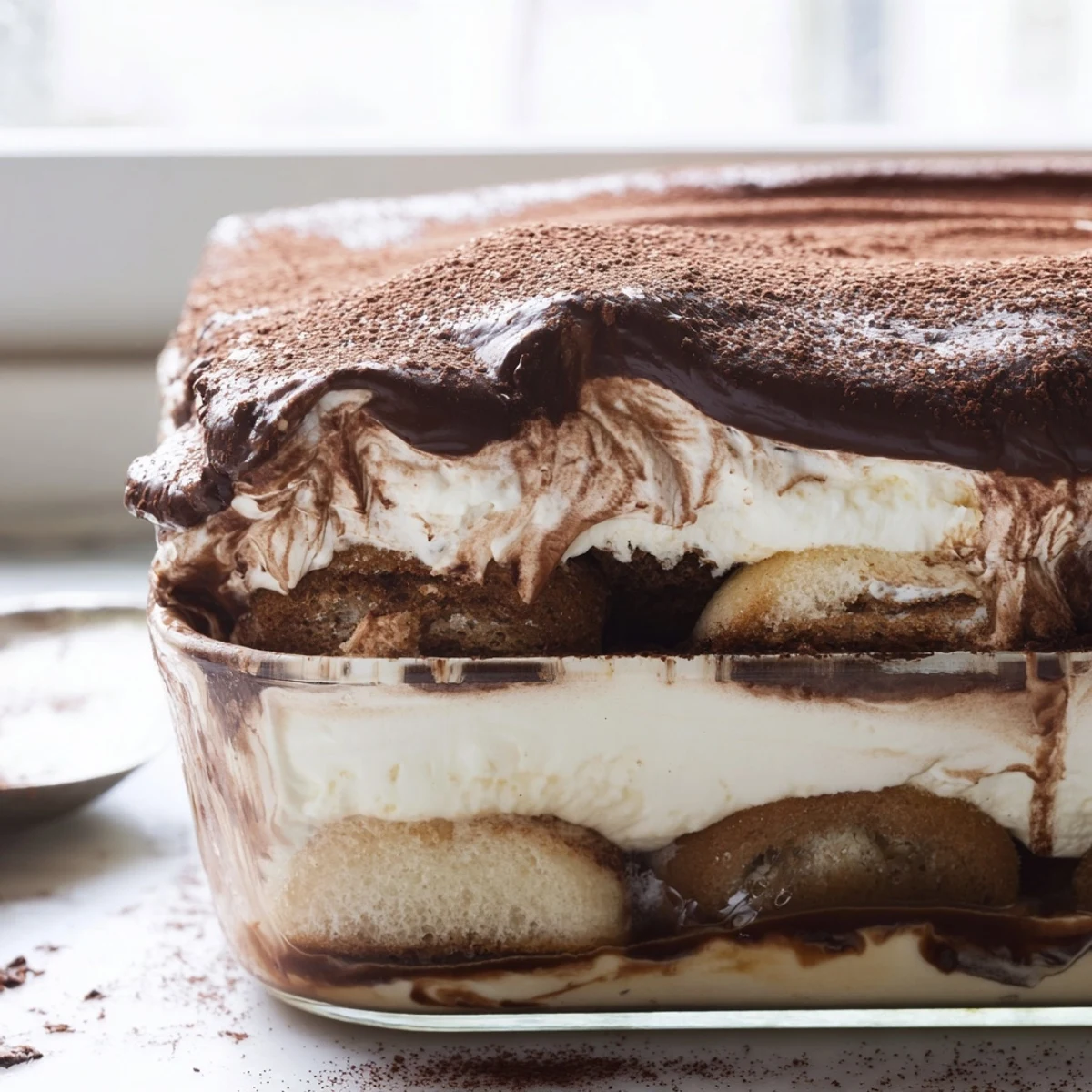 Creamy chocolate mousse tiramisu layered with coffee-soaked ladyfingers and dusted cocoa