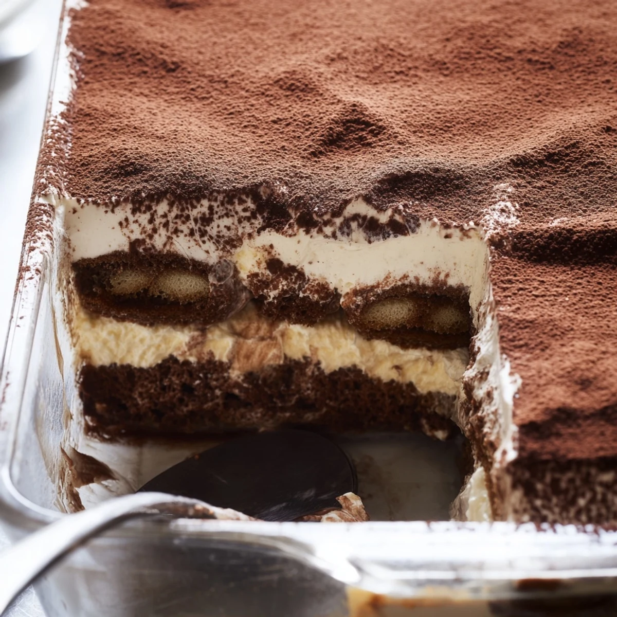 Rich chocolate mousse tiramisu served in a dish with velvety mascarpone layers