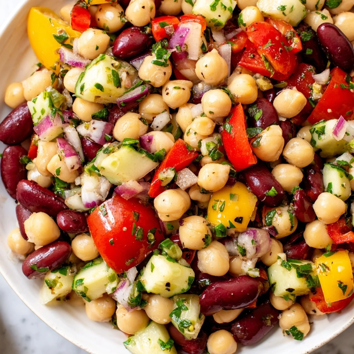 Italian bean salad in a bowl glistening with garlicky vinaigrette and fresh parsley