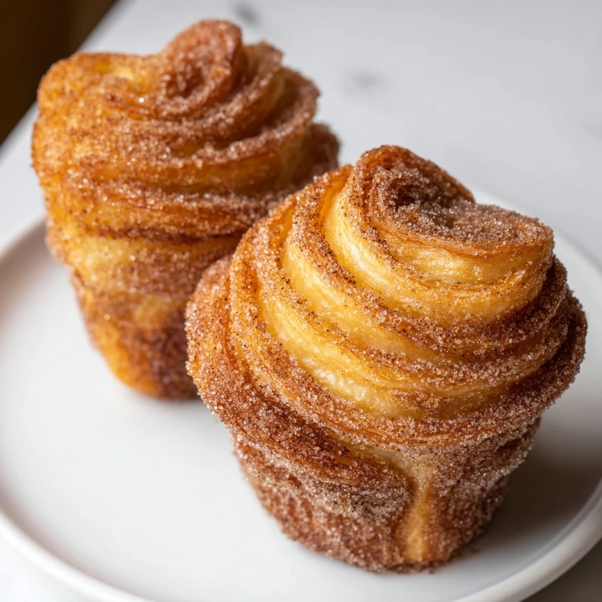 Warm cruffins coated in cinnamon sugar showing buttery spiral layers
