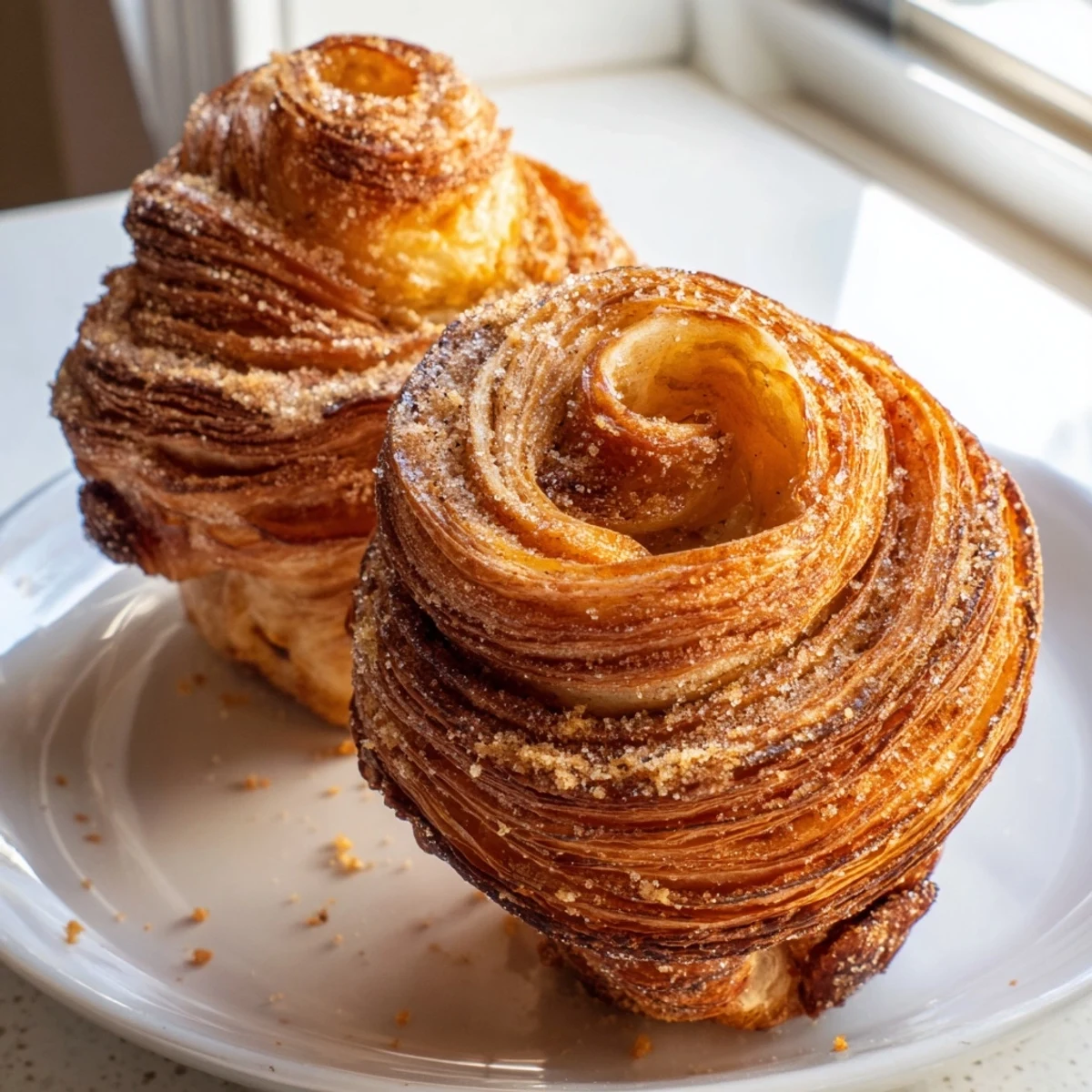 Crispy cruffins fresh from the oven revealing delicate laminated pastry inside