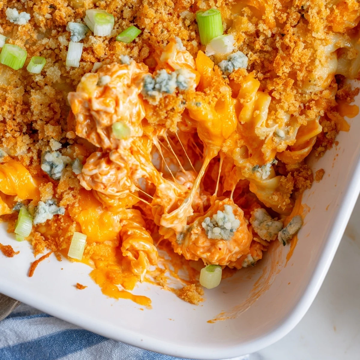 Bubbly cheesy buffalo chicken dip casserole fresh from the oven with golden melted cheddar topping