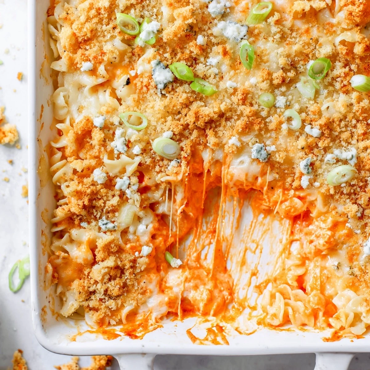 Creamy cheesy buffalo chicken dip casserole served steaming in a rustic baking dish with green onion garnish