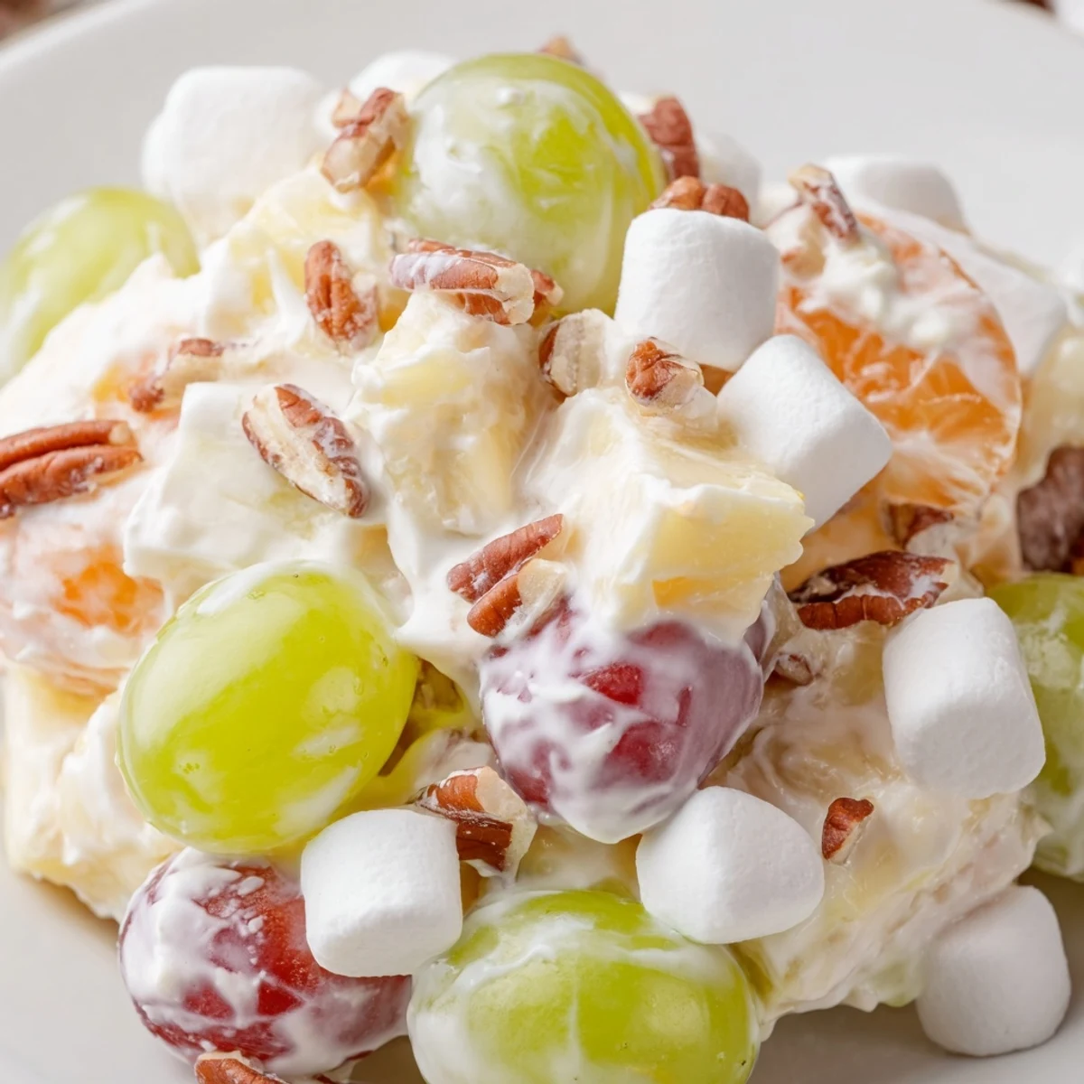 A bowl of creamy pineapple salad topped with pecans and bright mandarin oranges