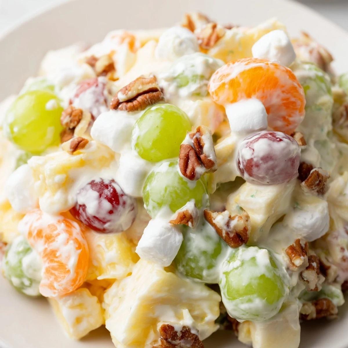 Creamy pineapple salad glistening with tangy dressing in a chilled serving dish