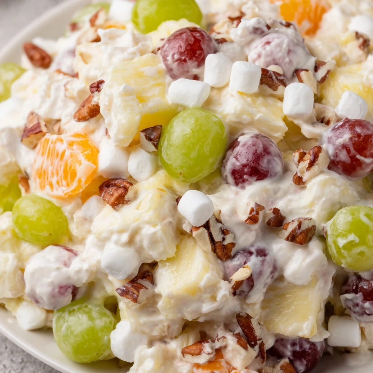 Spoonful of creamy pineapple salad with grapes and fluffy mini marshmallows on a plate