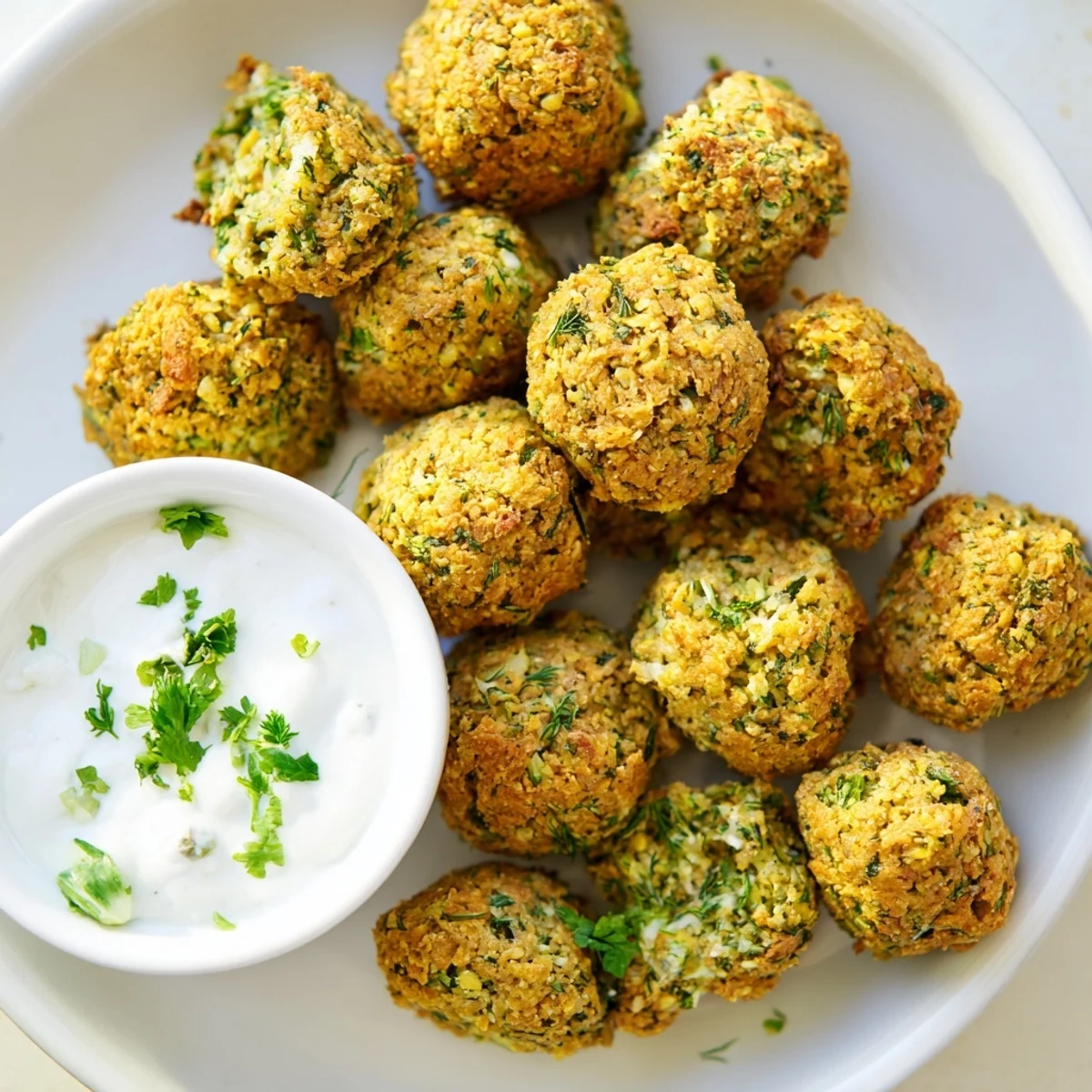Golden crispy herb falafel bites resting on a plate beside creamy garlic yogurt dipping sauce