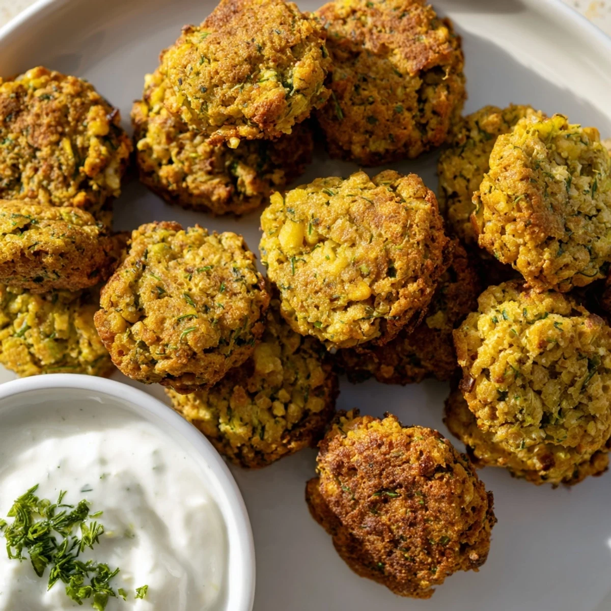 Crunchy herb falafel bites stacked in a warm pita with cool garlic yogurt sauce drizzled on top