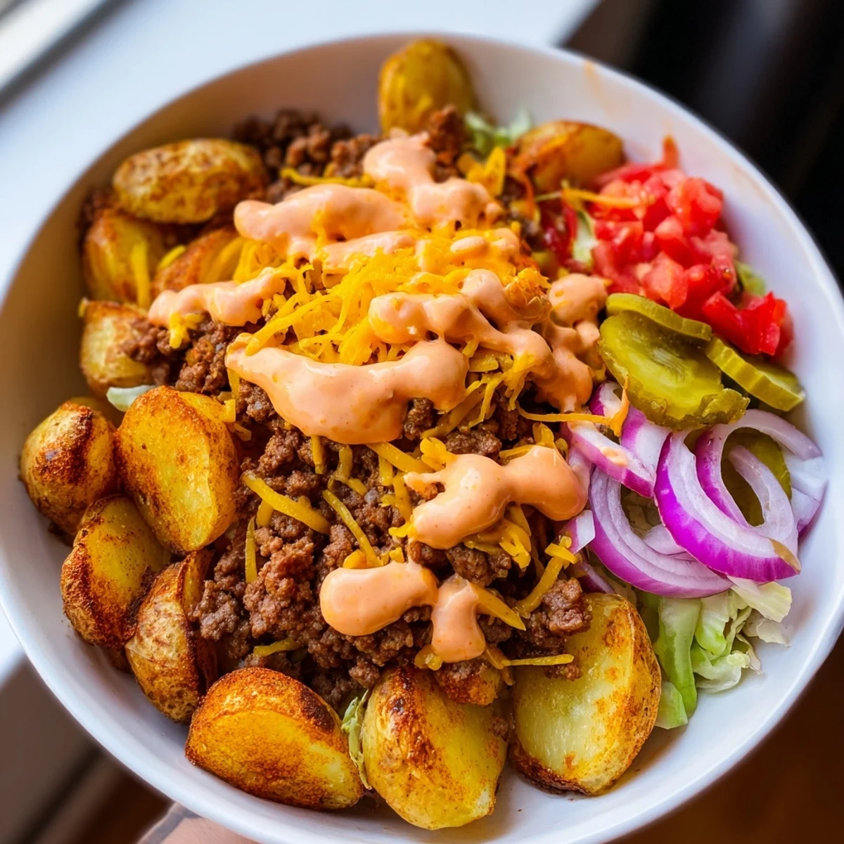 Loaded smash burger bowls topped with crispy golden potatoes and drizzled special sauce