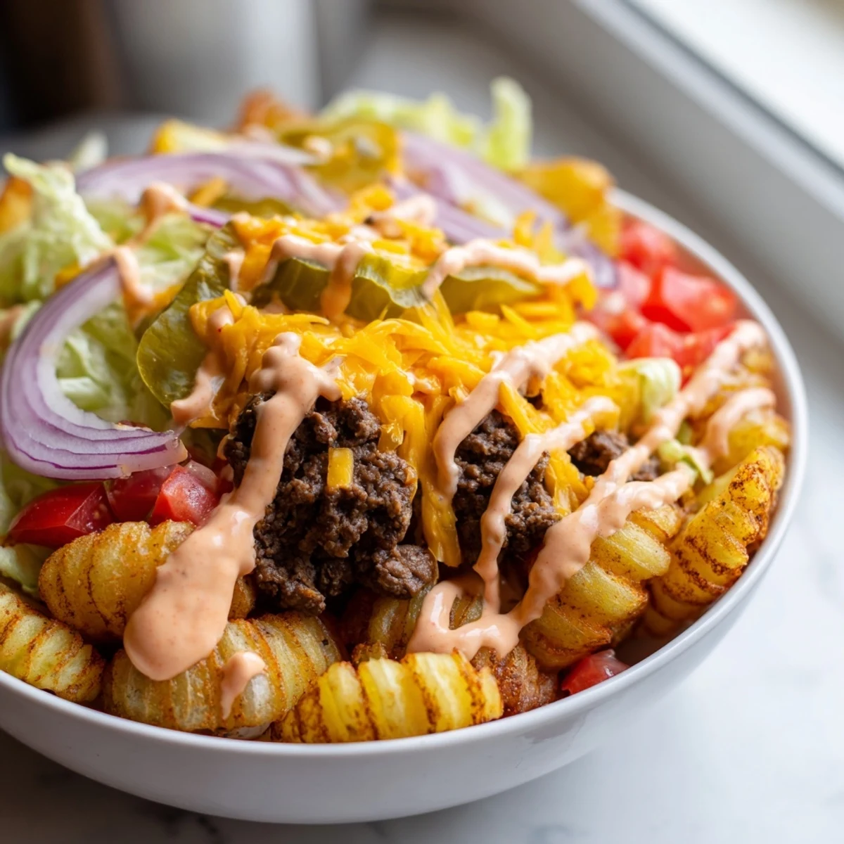 Crispy smashed potatoes cradling juicy seasoned beef in loaded smash burger bowls