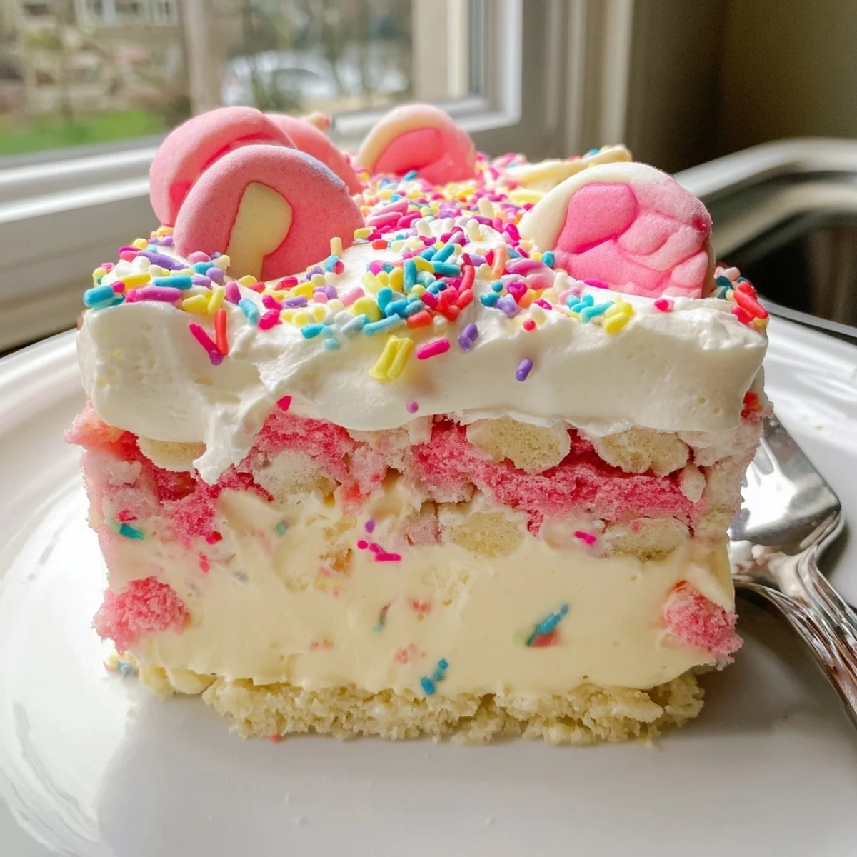 Creamy circus animal cookie lush layered in a chilled baking dish with sprinkles