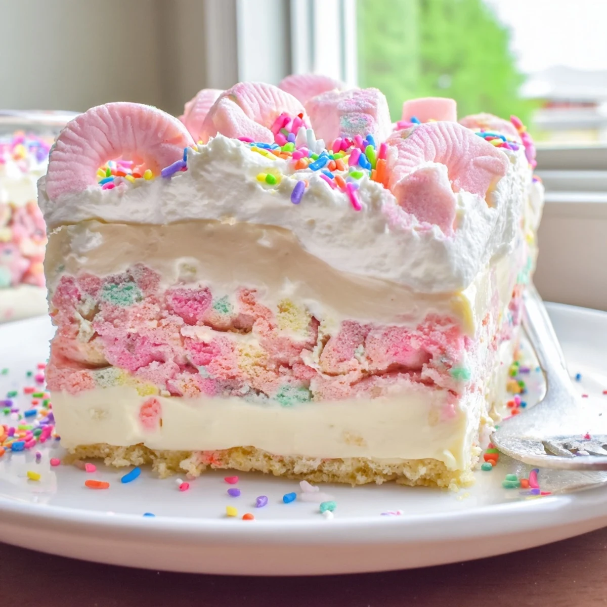 Colorful circus animal cookie lush dessert sliced into squares showing creamy layered filling