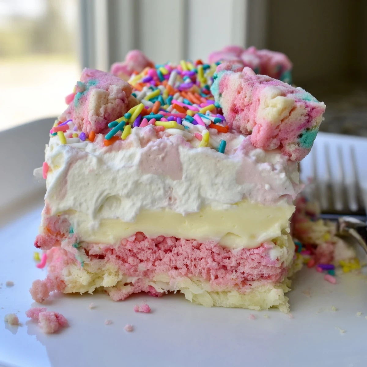 Circus animal cookie lush with fluffy pudding and whipped cream topped with frosted cookies