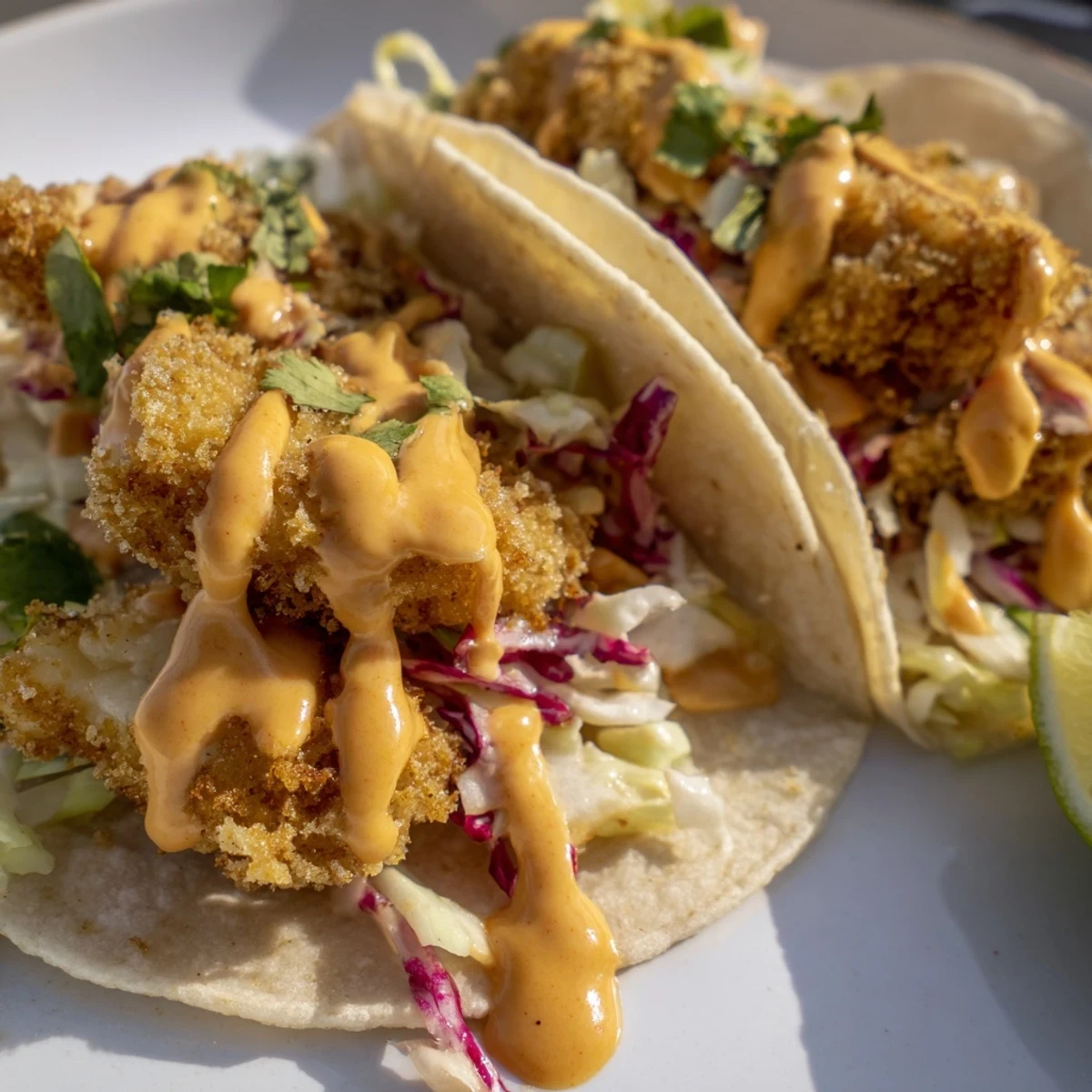Golden crispy bang bang fish tacos drizzled with spicy-sweet sauce and tangy lime slaw on warm tortillas